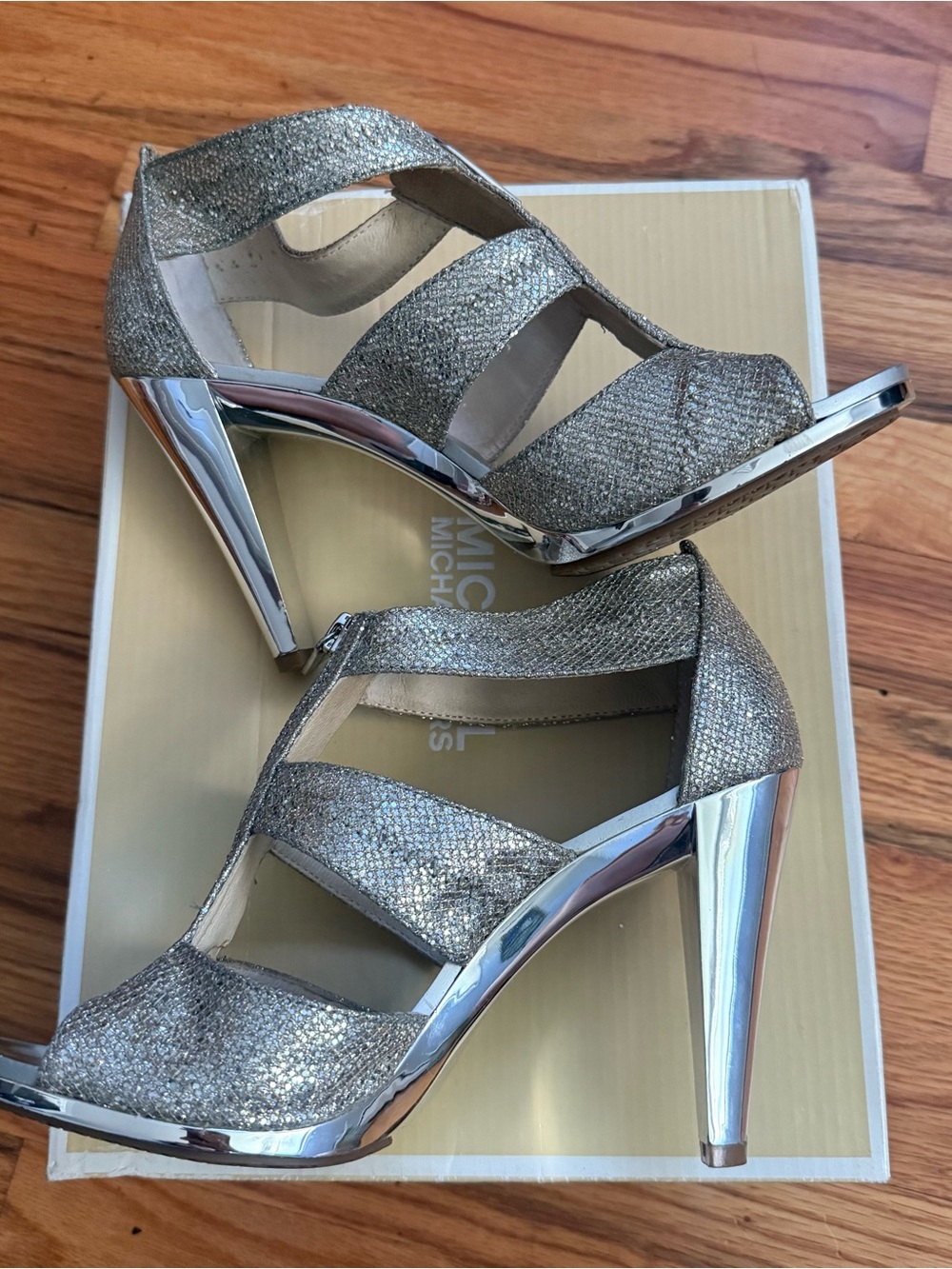 Michael Kors Silver Glitter Berkeley T Strap high heels